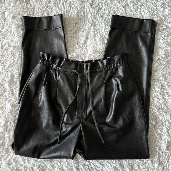 Alice + Olivia Black Faux Leather Ankle Crop Pants with Paper Bag Waist Size M - Picture 8 of 9